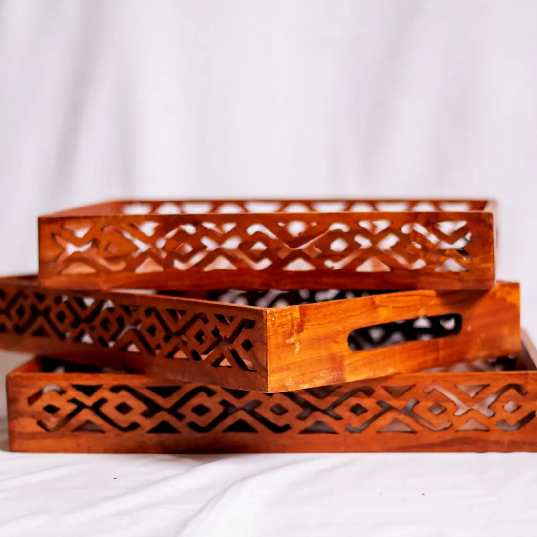 Wooden Serving Tray Set with handles Wood Serving Trays(pack of 3)