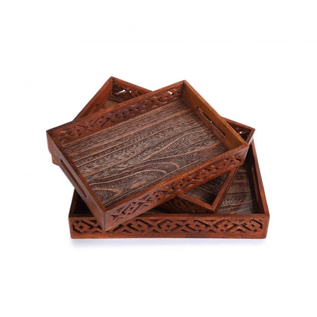 Wooden Serving Tray Set with handles Wood Serving Trays(pack of 3)