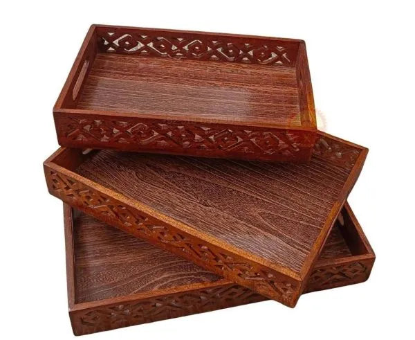 Wooden Serving Tray Set with handles Wood Serving Trays(pack of 3)